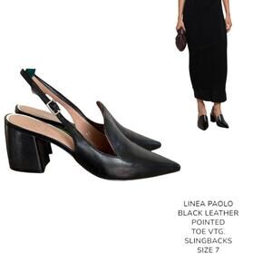 LINEA PAOLO Black leather slingback mule heels with pointed toe SIZE 7 EUC